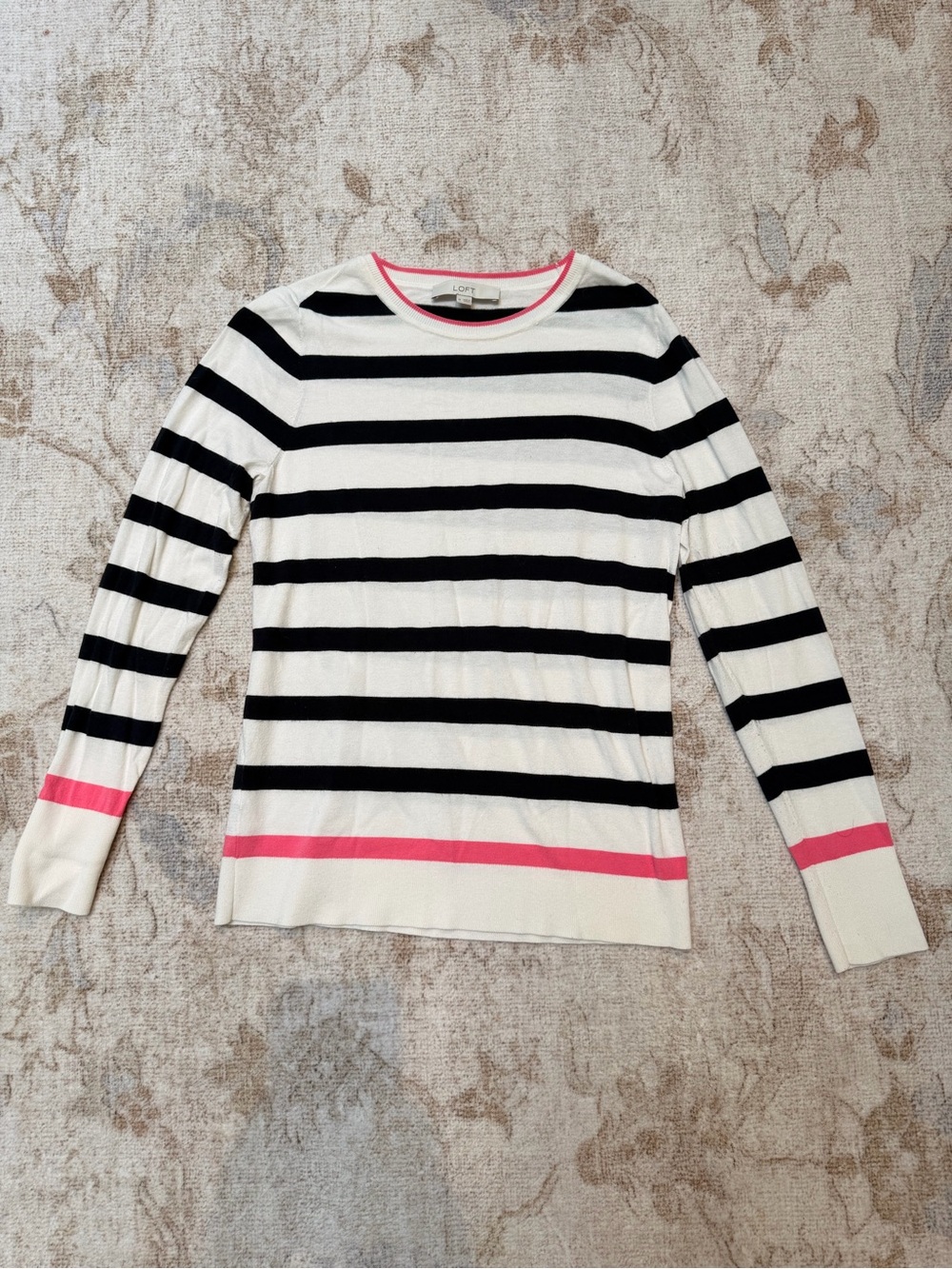 LOFT Black, Ivory & Pink Striped Crewneck Sweater